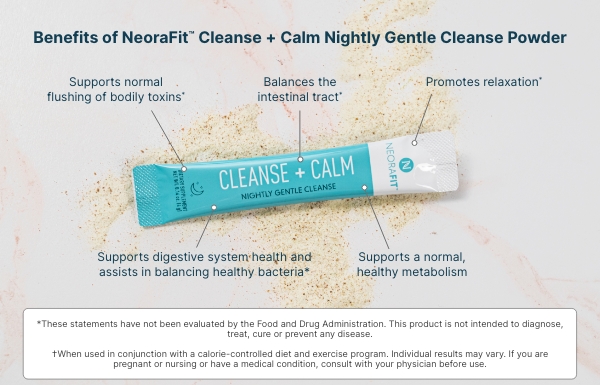 Infographic of benefits for the NeoraFit Cleanse + Calm Nightly Gentle Cleanse Powder.