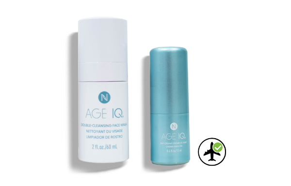 Image display of the Age IQ Travel Minis Cleanser & Day Cream Combo bottles on a white background.